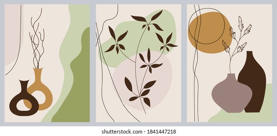 Set of abstract creative minimalist hand painted illustrations with decorative branches, leaves and flowers. For postcard, poster, social media story design.