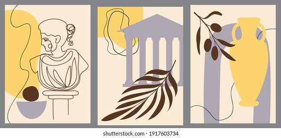 Set of abstract creative minimalist hand painted illustrations with decorative branches and leaves. For postcard, poster, social media story design.
