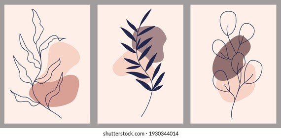 Set of abstract creative minimalist hand painted illustrations with decorative branches and leaves. For postcard, poster, social media story design.