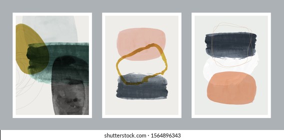 Set of abstract creative minimalist hand-painted illustrations for wall decoration, postcard or brochure cover design. Vector EPS10.