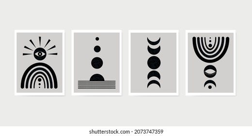 Set of abstract creative posters in geometric style with grunge texture. Boho concept. Sun, moon, day, night, rainbow. For wall art, home decor, brochure, print, banners. Vector illustration. EPS 10