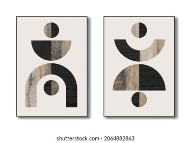 Set of abstract creative posters. Marble and wooden texture, pastel colors. Trendy modern geometric style. Minimal design for wallpaper, wall decor, background, postcard, print. Vector illustration