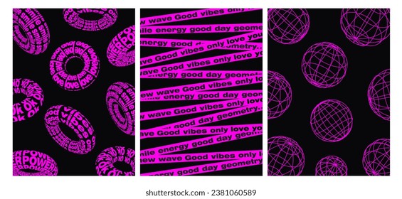 Set of abstract creative posters in the style of y2k .Framed balls, text donuts and text barrier strips. Trendy psychedelic backgrounds.