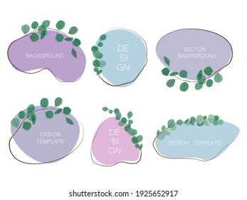 Set of abstract creative templates with frames and watercolor eucalyptus leaves , branches isolated on white. Natural botanical greeting wedding invitation, template. circle,oval in blue purple colors