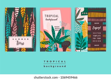Set of abstract creative templates with tropical leaves. Vector design for card, poster, flyer, brochure, cover and other users.