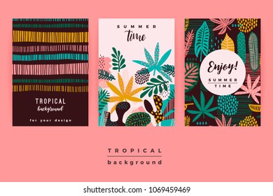 Set of abstract creative templates with tropical leaves. Vector design for card, poster, flyer, brochure, cover and other users.