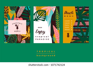 Conjunto de plantillas creativas abstractas con hojas tropicales. Diseño vectorial para tarjetas, afiches, volantes, folletos, portadas y otros usuarios.