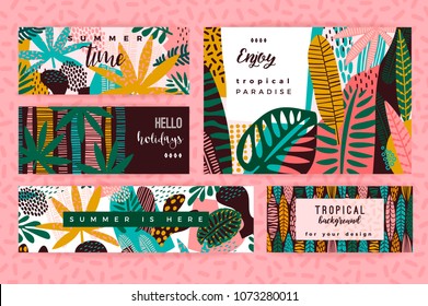 Set of abstract creative templates with tropical leaves. Vector design for card, poster, flyer, brochure, cover and other users.