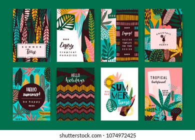 Set of abstract creative templates with tropical leaves. Vector design for card, poster, flyer, brochure, cover and other users.