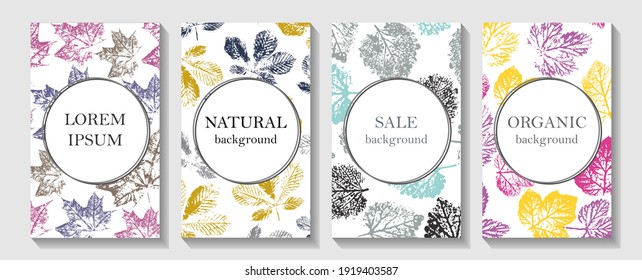 Set of abstract creative universal artistic templates.  Nature leaves design element for invitation, prints, fabric and wallpaper. Seamless patterns and masks used, easy to re-size.