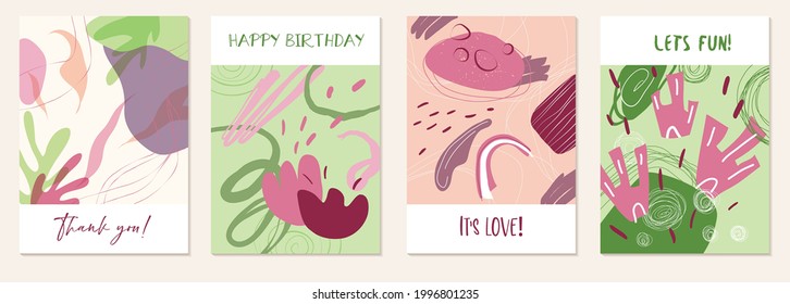 Set von abstrakten, universellen künstlerischen Vorlagen. Gut geeignet für Poster, Karten, Einladung, Flyer, Cover, Banner, Plakate, Broschüren und anderes Grafikdesign. Trendfarbene, natürliche und pastellfarbene Farben. Vektorgrafik.