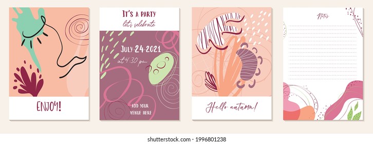 Conjunto de plantillas artísticas universales creativas abstractas. Ideal para carteles, tarjetas, invitaciones, volantes, portadas, banner, carteles, folletos y otros diseños gráficos. Tonos naturales y pastel a la moda. Vector.