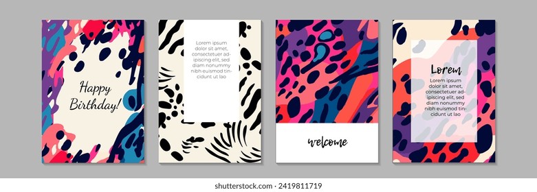 Set of abstract creative universal artistic templates with animalistic texture . Good for poster, birthday card, invitation, flyer, cover, banner, placard, brochure and other graphic design