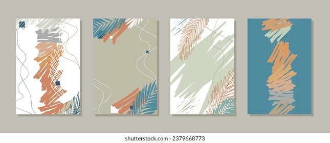 Set abstrakter, kreativer Universalkarten mit tropischen Blättern. Modernes Vektordesign.