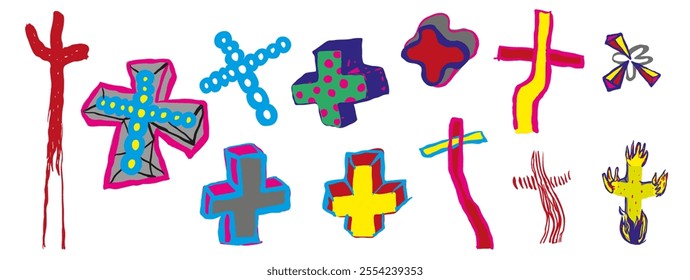 Set of abstract crosses in hand drawn style in vector. Element for fabric print background wrapping banner textile packaging wallpaper