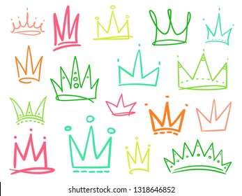 Set of abstract crowns on isolated white. Signs for design. Hand drawn simple objects. Line art. Colorful illustration. Sketchy elements for posters and flyers