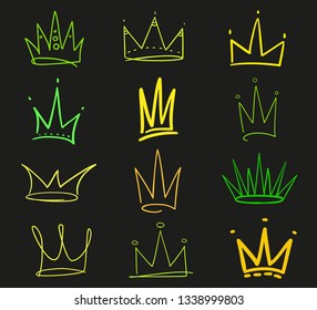 Set of abstract crowns on isolated black. Signs for design. Hand drawn simple objects. Line art. Colorful illustration. Sketchy elements for posters and flyers