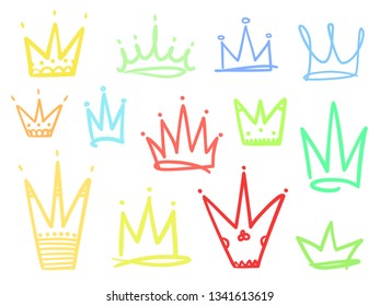 Set of abstract crowns on isolated white. Signs for design. Hand drawn simple objects. Line art. Colorful illustration. Sketchy elements for posters and flyers