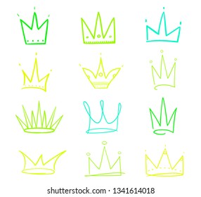 Set of abstract crowns on isolated white. Signs for design. Hand drawn simple objects. Line art. Colorful illustration. Sketchy elements for posters and flyers