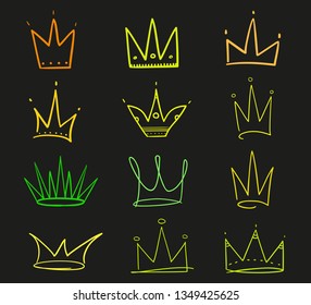 Set of abstract crowns on isolated black. Signs for design. Hand drawn simple objects. Line art. Colorful illustration. Sketchy elements for posters and flyers