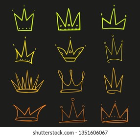 Set of abstract crowns on isolated black. Signs for design. Hand drawn simple objects. Line art. Colorful illustration. Sketchy elements for posters and flyers