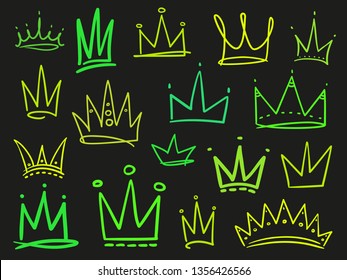 Set of abstract crowns on isolated black. Signs for design. Hand drawn simple objects. Line art. Colorful illustration. Sketchy elements for posters and flyers