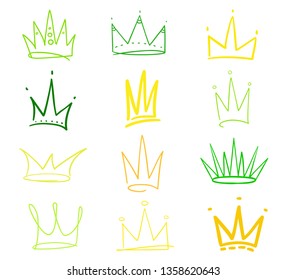 Set of abstract crowns on isolated white. Signs for design. Hand drawn simple objects. Line art. Colorful illustration. Sketchy elements for posters and flyers