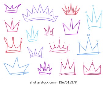 Set of abstract crowns on isolated white. Signs for design. Hand drawn simple objects. Colorful illustration. Sketchy elements for posters and flyers