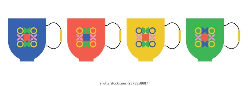 Set of abstract cups with geometric shapes.Suitable for branding, prints, packaging decoration. Isolated vector illustration.