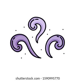 Set of abstract curls, isolated doodle icon on white background. Cartoon violet smoke. Hand drawn vector element. Color illustration for smell, wave, magic, aroma ceremony