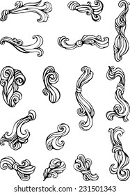set of abstract curly black and white graphic elements