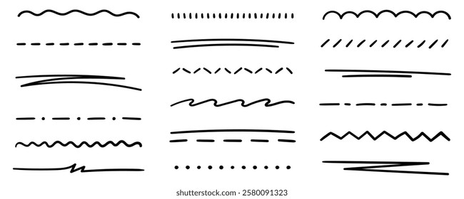 Set of abstract curved hand drawn lines, underline, highlight lines, underline strokes, scribbles, dots, dashes. Wavy, straight, curved lines.