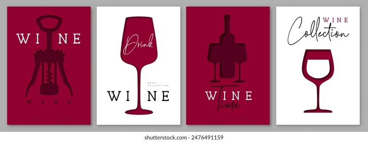 Set of abstract cut out modern wine covers or posters. Wine tasting. Restaurant menu. Vector illustration