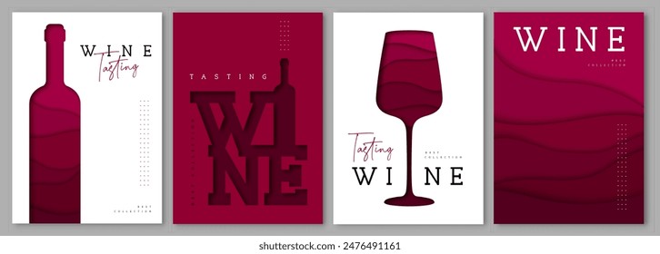 Set of abstract cut out modern wine covers or posters. Wine tasting. Restaurant menu. Vector illustration