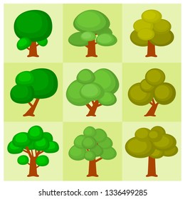 Set of abstract cute cartoon style green trees with circle shrubs and brown wood.Vector illustration