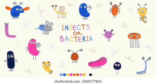 Set of abstract cute characters. Monsters or mascots made of simple geometric shapes express different emotions. Insects or bacteria with varios items. Cartoon flat vector collection