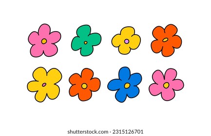 Set of abstract cute colorful flowers. Vector flat illustration on isolated background.