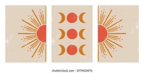 Set of abstract cute creative minimal sun and moon posters with texture. Hand painted colorful bohemian style. Design for wallpaper, wall decor, card, art print, background. Vector illustration