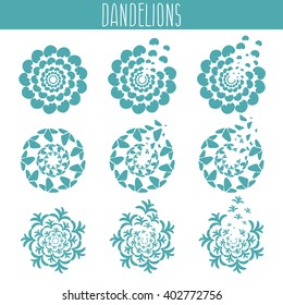 Set of abstract cute dandelions. Vector illustration template