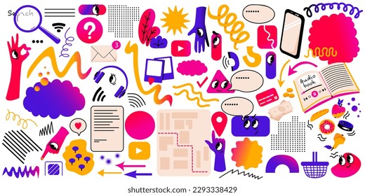 Set of abstract cute geometric elements. Concept of Social networks. Internet search. Entertaining content - foto, music. Chat, messaging, texting, call. Inbox mail. Vector doodle illustration