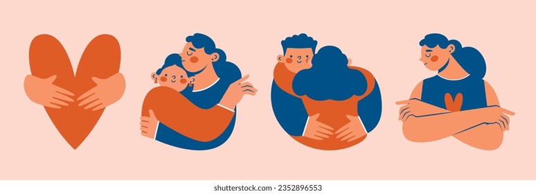 Set of abstract cute illustrations with friends, mother and child, lovers, persons are standing, hugging, posing together. Hand drawn cartoon characters. Togetherness, friendship, motherhood concept. 