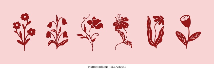 Set of abstract cut-out flower and leaf shape. Floral papercut blossom doodle elements, minimal organic blossom stickers. Vector blooming plant collection.
