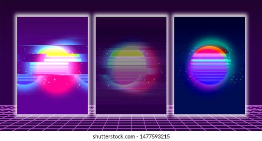 Set of an abstract cyberpunk backgrounds with glitched striped alien sun. Retro futuristic backdrop with glitch effect in a style of 80's. Creative graphic design for poster,brochure,flyer and card.