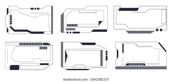 Set of abstract cyberpunk element. Collection of futuristic tech retro frames. Geometric frame for web design, posters, game. Set of geometric abstract frame in trendy style.