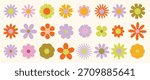 Set of abstract Daisy flowers. Chamomile flat icon, cartoon retro spring flowers. Geometric flower set. Abstract minimal daisy elements. Botanical summer elements, natural bloom petal. Floral design