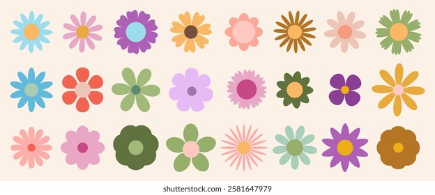 Set of abstract Daisy flowers. Chamomile flat icon, cartoon retro spring flowers. Geometric flower set. Abstract minimal daisy elements.  Botanical summer elements, natural bloom petal. Floral design