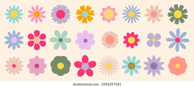 Set of abstract Daisy flowers. Chamomile flat icon, cartoon retro spring flowers. Geometric flower set. Abstract minimal daisy elements. Botanical summer elements, natural bloom petal. Floral design
