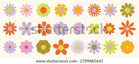 Set of abstract Daisy flowers. Chamomile flat icon, cartoon retro spring flowers. Geometric flower set. Abstract minimal daisy elements. Botanical summer elements, natural bloom petal. Floral design
