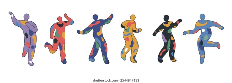 Set of abstract dancing people. Minimalistic modern design of various bright colors of figure silhouettes. Trendy doodle abstract symbols of carnival, party, festival. All objects are isolated