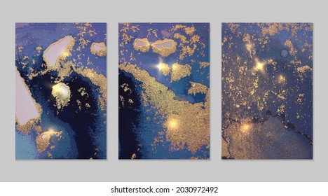 Set of abstract dark blue and gold backgrounds with marble texture and shining glitter. Vector stone surface in alcohol ink technique. Fluid art illustration for poster, flyer, brochure design.